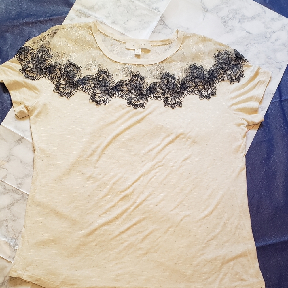 Adiva Anthropologie Cream and Navy Top